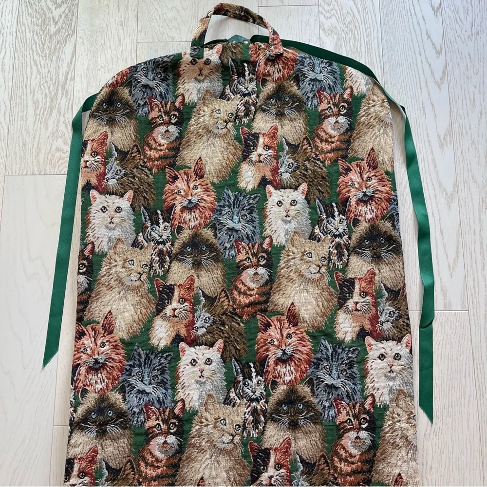 Vintage 90s Kitty Cat Tapestry Jacquard Garment Storage Travel Carrier Bag